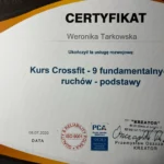 Certyfikat ukończenia kursu Crossfit – 9 fundamentalnych ruchów przez Weronikę Tarkowską, wydany przez Kreator