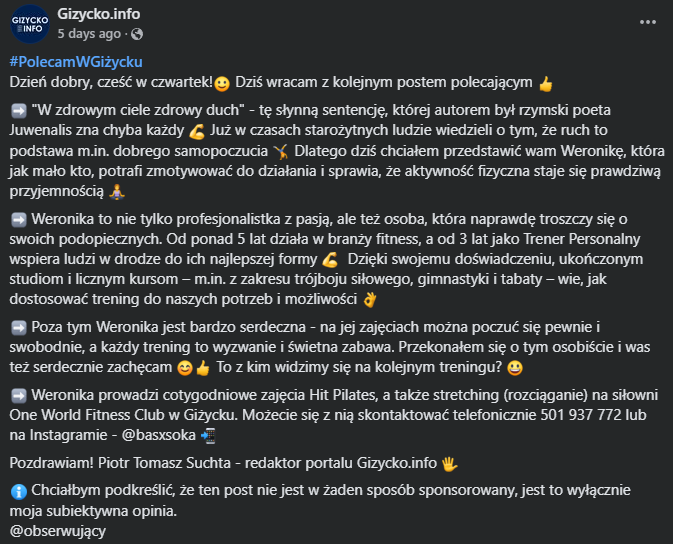 Opinie klientów o Weronice Tarkowskiej na Facebooku – pozytywna recenzja z opisem profesjonalizmu trenera personalnego