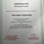 Certyfikat trenera personalnego Weroniki Tarkowskiej wydany przez Akademię Szkolenia Trenerów Sportu