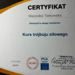 Certyfikat ukończenia kursu trójboju siłowego przez Weronikę Tarkowską, wydany przez Kreator